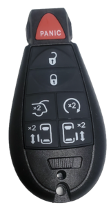 Dodge key fob with buttons for lock, unlock, and panic functions